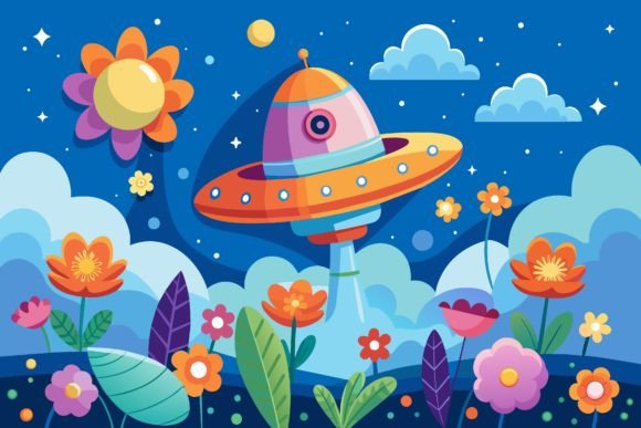 Download Spaceship Sky Cartoon with Flowers on a - Flowers Collection
