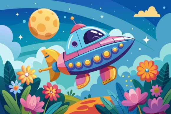 Download Spaceship Sky Cartoon with Flowers on a - Flowers Collection