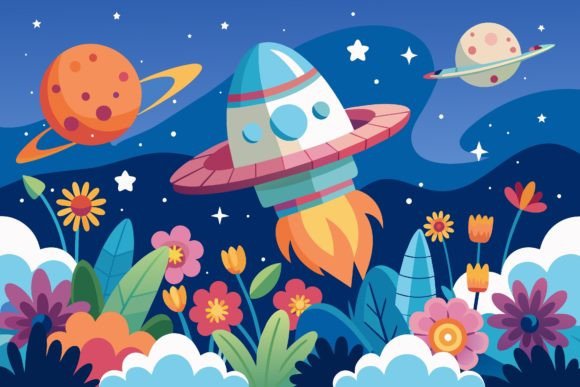 Download Spaceship Sky Cartoon with Flowers on a - Flowers Collection