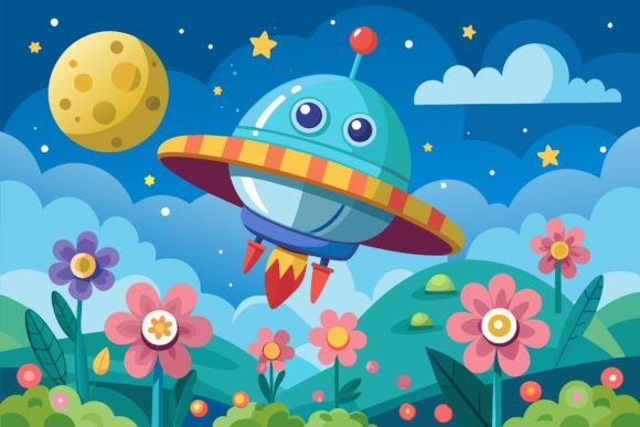 Download Spaceship Sky Cartoon with Flowers on a - Flowers Collection