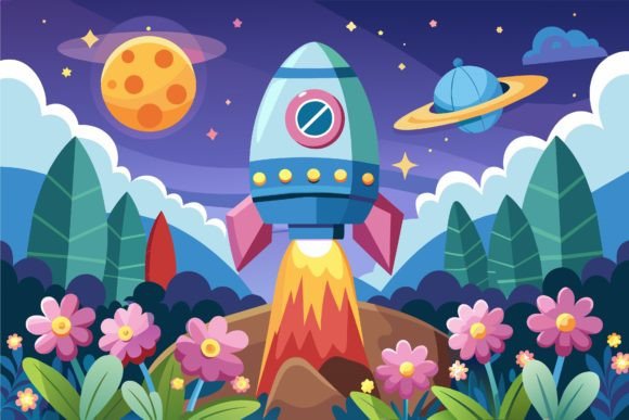 Download Spaceship Sky Cartoon with Flowers on a - Flowers Collection