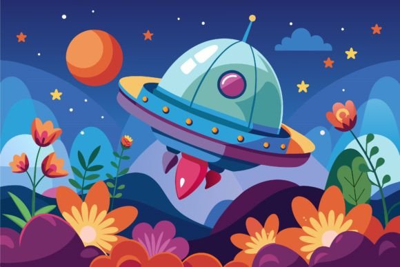 Download Spaceship Sky Cartoon with Flowers on a - Flowers Collection