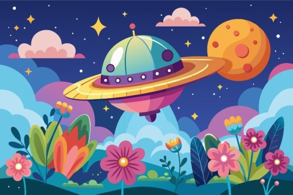 Download Spaceship Sky Cartoon with Flowers on a - Flowers Collection