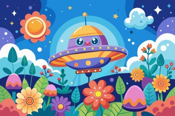 Download Spaceship Sky Cartoon with Flowers on a - Flowers Collection