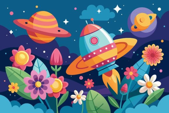 Download Spaceship Sky Cartoon with Flowers on a - Flowers Collection