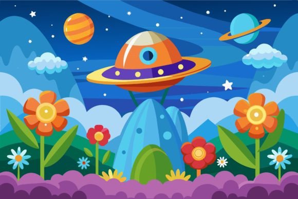 Download Spaceship Sky Cartoon with Flowers on a - Flowers Collection