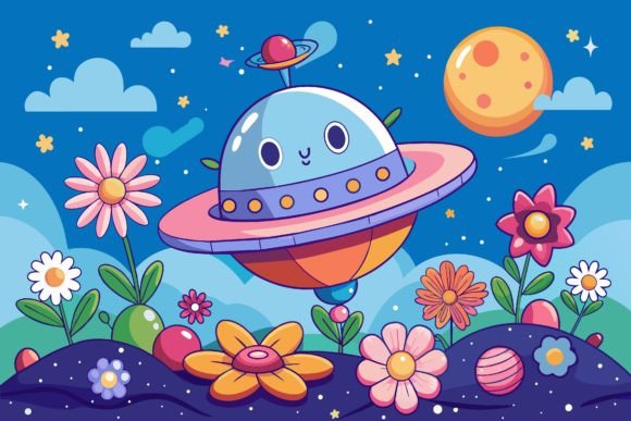 Download Spaceship Sky Cartoon with Flowers on a - Flowers Collection